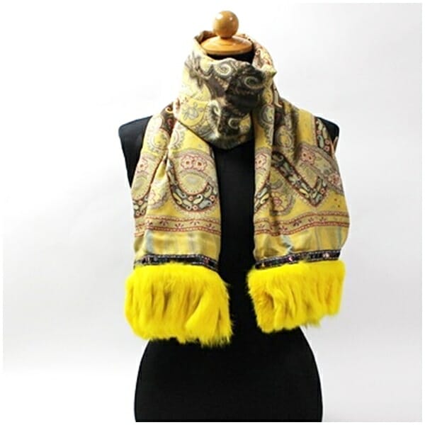 エトロ ウール シルク 長方形ストール ファーフリンジ付き イエロー カーキ 中古 ABランク ETRO レディース 女性
