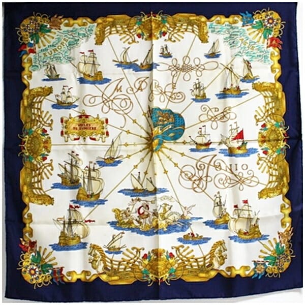 エルメス シルク スカーフ カレ90 VOILES DE LUMIERE 光の幌船 中古 Bランク HERMES レディース