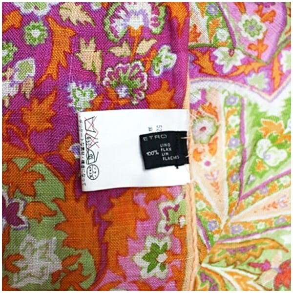 エトロ 麻 大判ストール フリンジ付き ベージュ パープル オレンジ 中古 Aランク ETRO レディース 女性用 エトロ 麻 大判ストール フリンジ付き ベージュ パープル オレンジ