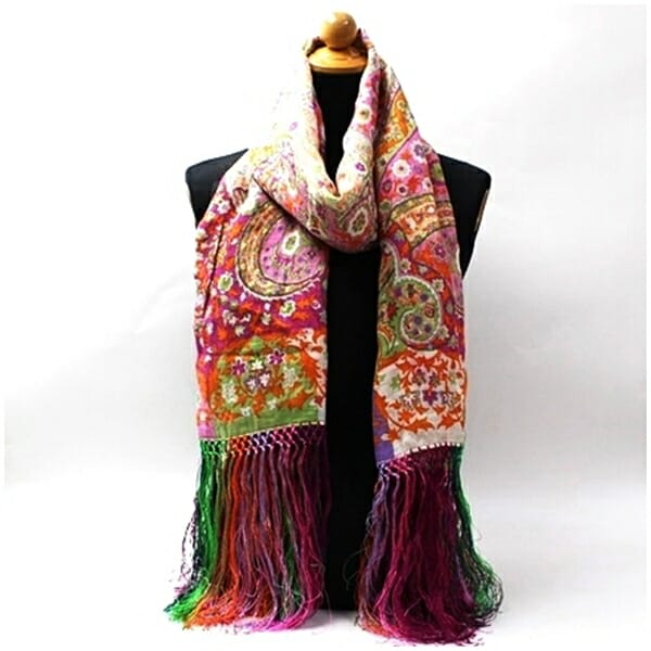 エトロ 麻 大判ストール フリンジ付き ベージュ パープル オレンジ 中古 Aランク ETRO レディース 女性用 エトロ 麻 大判ストール フリンジ付き ベージュ パープル オレンジ
