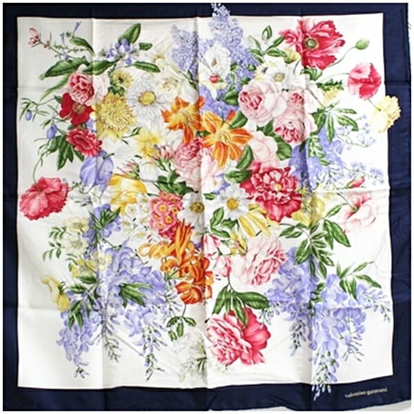 ヴァレンチノガラヴァーニ 未使用 シルク スカーフ ホワイト ネイビー 花柄 中古 Sランク valentino