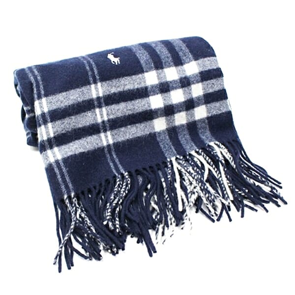ラルフローレン ウール 大判ストール ネイビー ホワイト チェック 中古 Aランク RALPH LAUREN メンズ
