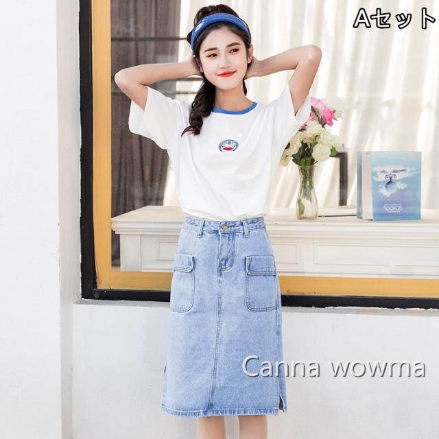 19 学生 シンプル 半袖tシャツ デニム スカート ミモレ丈スカートの通販はau Wowma Canna
