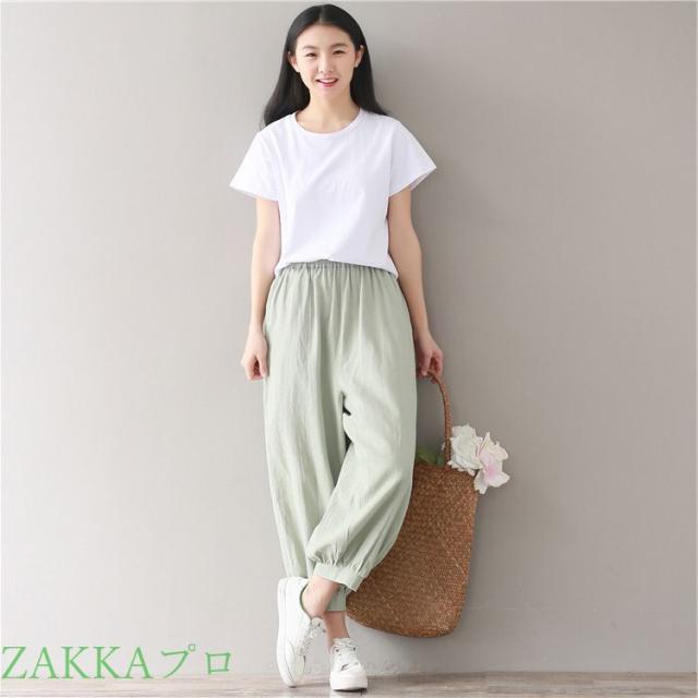 レディース パンツ ズボン クロップド 綿 夏 ゆったり 涼しい さらっとした 大きめ グリーン オフホワイトの通販はau Pay マーケット Y Cool