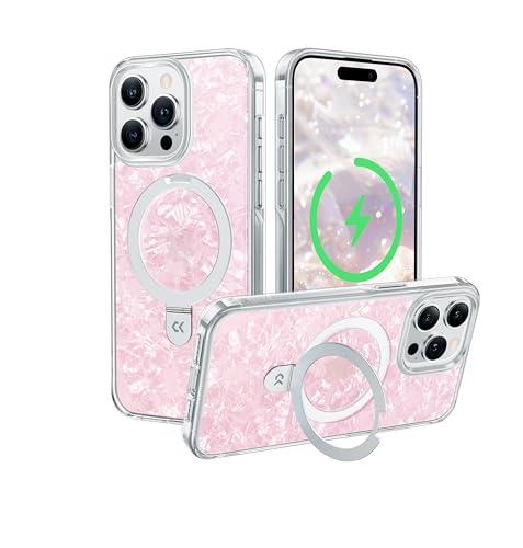 [スタンド機能・Magsafe対応] iPhone 15 Pro Max 用ケース キラキラ 真珠母貝 おしゃれ黄変防止 耐衝撃 滑り止め リング付き ストラップホール付き ワイヤレス充電 アイフォン 15 プロマックス カバー iPhone15promax ケース プレゼント（パールピンク）     ...