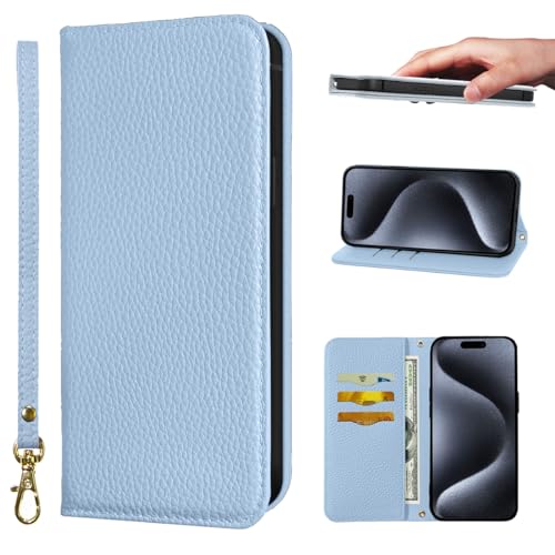 iPhone 15 Pro ケース 手帳型 合皮レザー RFIDブロッキング 財布型 カバー 手帳型ケース 耐衝撃 保護カバー 内蔵マグネット携帯カバー カードポケット スタンド機能 リストバンド - ライトブルー 送料無料