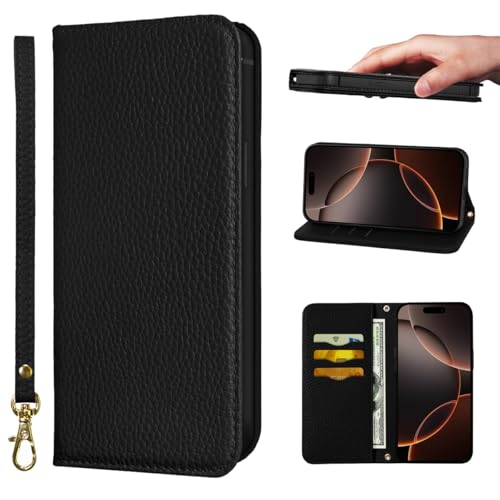 iPhone 16 Pro Max ケース 手帳型 合皮レザー RFIDブロッキング 財布型 カバー 手帳型ケース 耐衝撃 保護カバー 内蔵マグネット携帯カバー カードポケット スタンド機能 リストバンド - ﾌﾞﾗｯｸ 送料無料