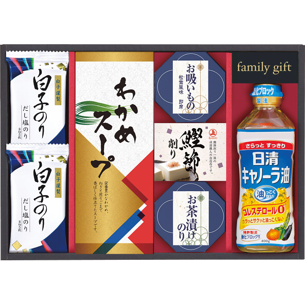 【 定番 人気 ギフト 】 日清キャノーラ バラエティギフト キャノーラ油 ギフトセット お吸いもの 詰め合わせ 松茸風味 わかめスープ お茶漬けのり 鰹節削り 塩のり 和風調味料 ヘルシーオイル 便利な食卓セット
