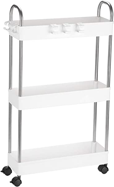 キッチンワゴン 隙間収納 13cm スリム キャスター付き 収納ラック 小物 食品 調味料 ペットボトル 収納カート 洗面所 冷蔵庫横 台所 すき間ワゴン (3段（ハンドル付き）, ホワイト)の通販は