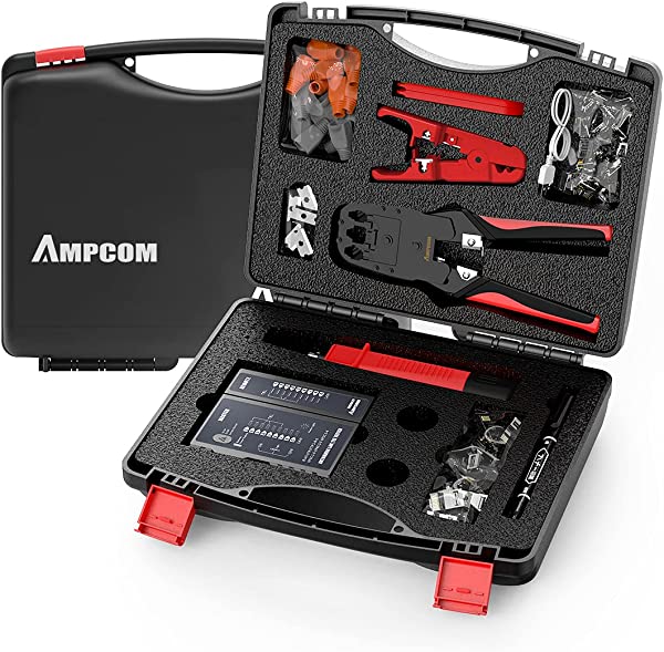 LANケーブル自作工具キット、12点工具セット、圧着ペンチ、ケーブルテスター、プチダウン工具、外皮むき工具、モジュラープラグ、収納ケース付きの通販は
