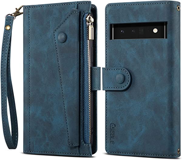 Google Pixel 6 ケース 手帳型 ストラップ付き 磁石付き カードホルダー 財布型 スタンド機能 耐衝撃グーグル ピクセル シックス カバー高級 肩掛け ストラップ付き スマホケース（Google Pixel 6、ブルー）