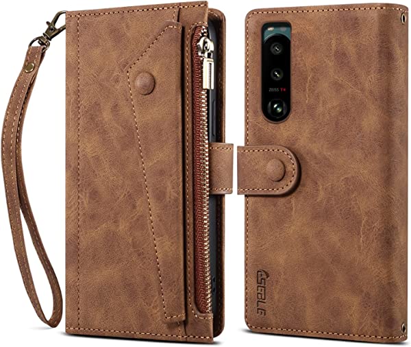 Xperia 5 III ケース 手帳型 ストラップ付き 磁石付き カードホルダー 財布型 スタンド機能 耐衝撃クスペリア ファイブ マークスリー エスオージーゼロゴカバー [au SOG05 docomo SO-53B] 高級 肩掛け ストラップ付き スマホケース（Xperia 5 III、ブラウン）...