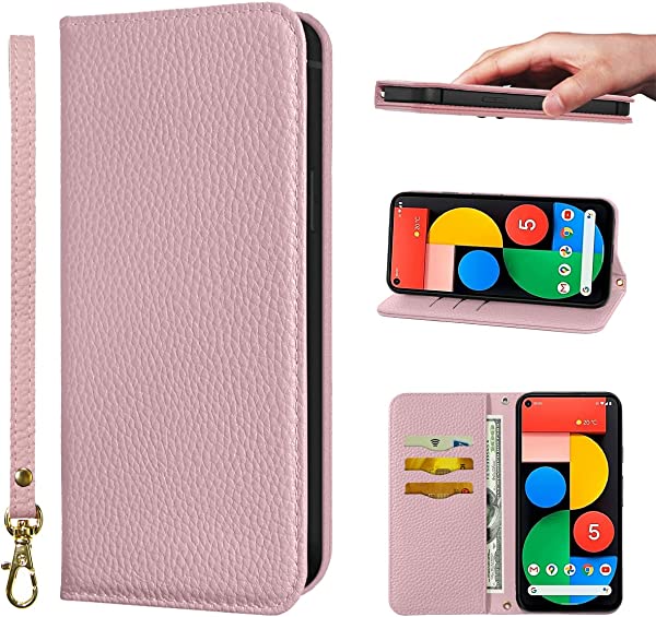 Google Pixel 5A 5G ケース 手帳型 超繊皮カバー 手帳型 耐衝撃 保護カバー 内蔵マグネット 財布型 携帯カバー カードポケット スタンド機能 リストバンド - ピンク 送料無料の通販は