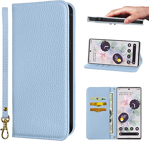 Google Pixel 7 Pro 5G ケース 手帳型 超繊皮カバー Pixel 7 Pro 手帳型 耐衝撃 保護カバー 内蔵マグネット 財布型 携帯カバー カードポケット スタンド機能 リストバンド - ライトブルー 送料無料の通販は