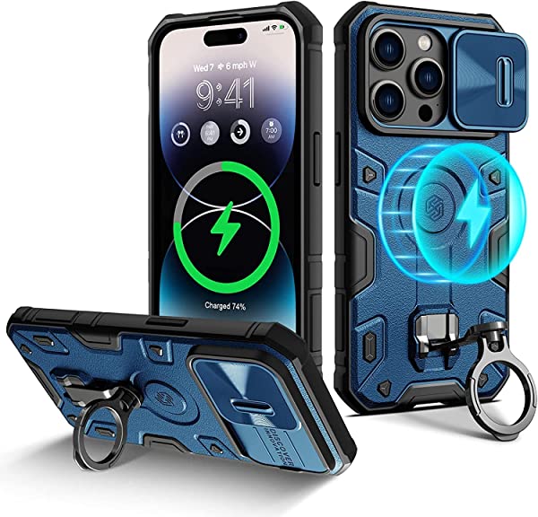 iPhone 13 Pro Max ケース リング付き MagSafe対応 カメラカバー付き 耐衝撃 アイフォン13 プロマックス 6.7 インチ スマホケース スライド式 カメラプロテクター マグネット搭載 全面保護 キャンプ アウトドア 野外 360回転 置きスタンド機能 ワ ...の通販は