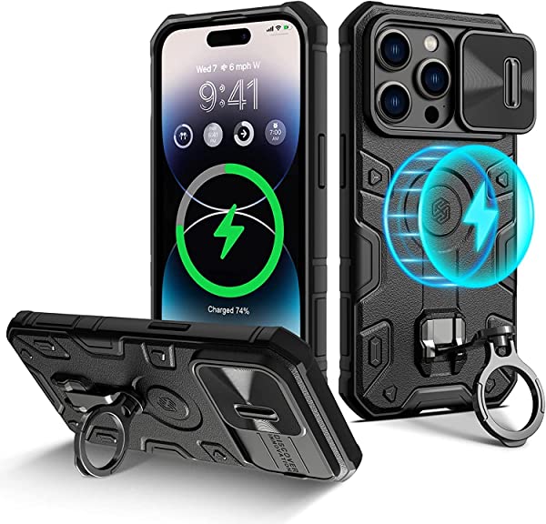 iPhone 14 Pro Max ケース リング付き MagSafe対応 カメラカバー付き 耐衝撃 アイフォン14 プロマックス 6.7 インチ スマホケース スライド式 カメラプロテクター 全面保護 マグネット搭載 キャンプ アウトドア 野外 360回転 置きスタンド機能 ワイヤ ...の通販は 4,888円