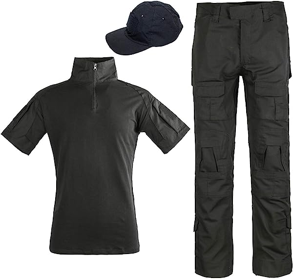 サバゲー 迷彩服 Tシャツ＋コンバットパンツ＋タクティカルキャップ 3点セット 戦闘服 上下セット メンズ アウトドア 半袖 ズボン 帽子 サバイバルゲーム BDU ミリタリー マルチカム スポーツ服 日焼け防止 帽子 迷彩柄 男女兼用 ブラックMの通販は