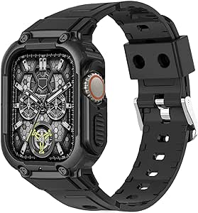 Apple Watch バンド 49mm ベルト 金属 ケース 一体型 Apple Watch Ultra2 Ultra SE2 SE 9 8 7 6 5 4 3 2 1ケース 耐衝撃 耐久性 全面保護 装着簡単 3D フルカバー フィルム (49mm,ブラック)の通販は