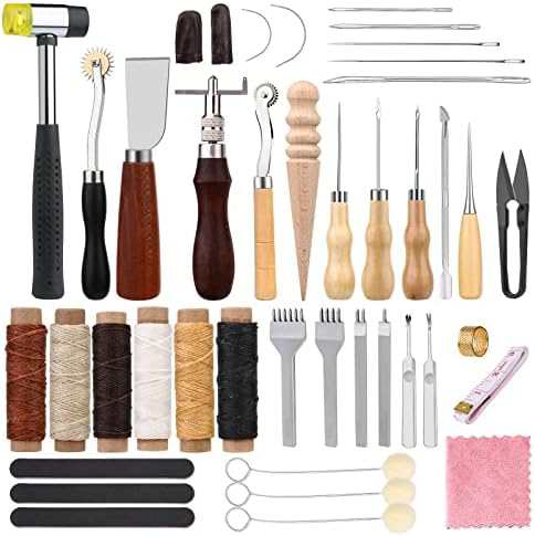 レザークラフト 革細工 キット 革細工 工具 41点 裁縫セット 革用針と糸 レザートリミングホイール 千枚通し 穴あけ レザーツールキット レザーワーキングツール レザーアクセサリー ワックス糸付き