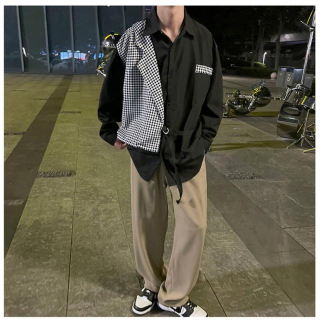 メンズ 長袖 フェイクツーピース チェック柄 襟付き スウェット シャツ メンズ 長袖 チェック柄 モード系 トップス 個性的 不