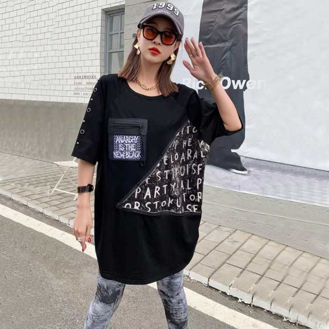 Tシャツ レディース シャツ ロング丈 モード系 半袖 トップス