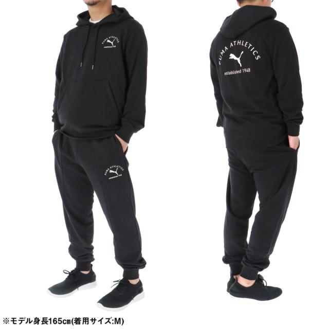 プーマ スウェット 上下 メンズ セットアップ ブランド PUMA フード付き フーディ バックプリント付き 裏毛 黒 クラス 691056 送料無料 プーマ スウェット 上下 メンズ セットアップ ブランド PUMA フード