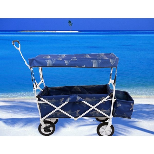 ワンランク上のSelection【フィッシュ魚デザイン×白骨組み】キャリーカート フルキッド 折り畳み式 屋根/ストッパー/サブワゴン/収納袋付