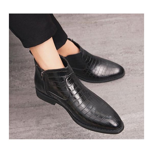 サイドジッパー メンズ ビジネスワニ柄 PUレザー シューズ ブラック 24.0cm 革靴 靴 カジュアル 屈曲性 通勤 軽量 インポート品【n157】