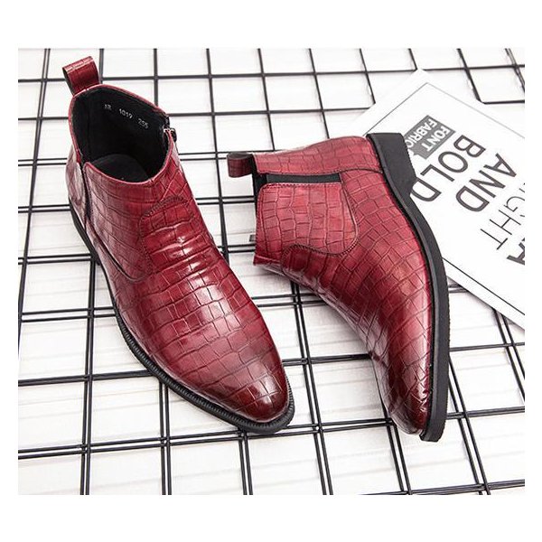 サイドジッパー メンズ ビジネスワニ柄 PUレザー シューズ レッド 24.0cm 革靴 靴 カジュアル 屈曲性 通勤 軽量 インポート品【n157】
