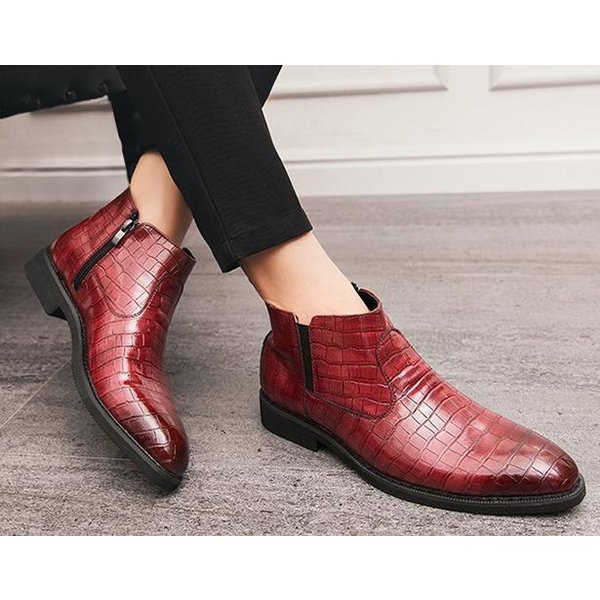 サイドジッパー メンズ ビジネスワニ柄 PUレザー シューズ レッド 24.0cm 革靴 靴 カジュアル 屈曲性 通勤 軽量 インポート品【n157】