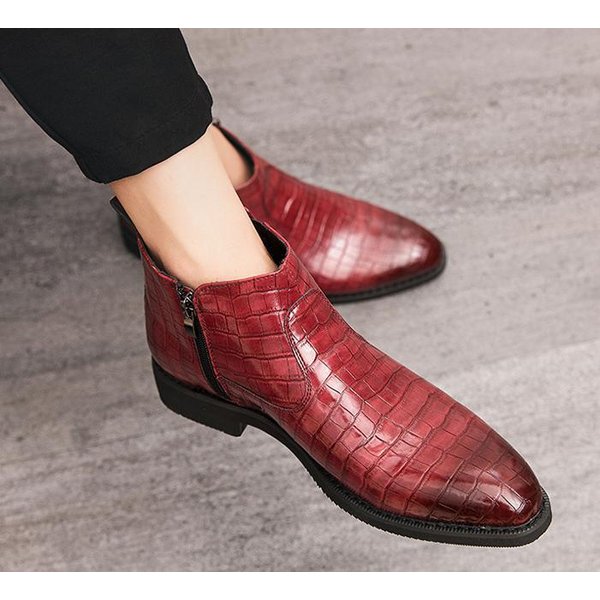 サイドジッパー メンズ ビジネスワニ柄 PUレザー シューズ レッド 24.0cm 革靴 靴 カジュアル 屈曲性 通勤 軽量 インポート品【n157】
