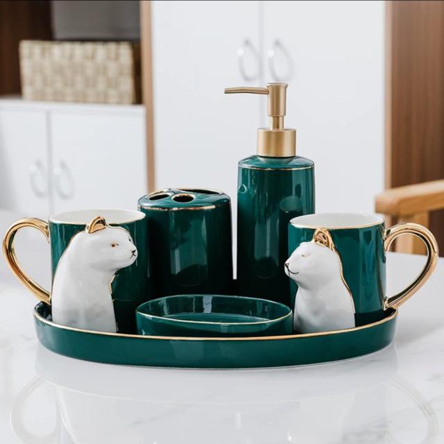 20220720-6 高級サニタリー6点セット．ディスペンサー 歯ブラシスタンド 洗面用品セット