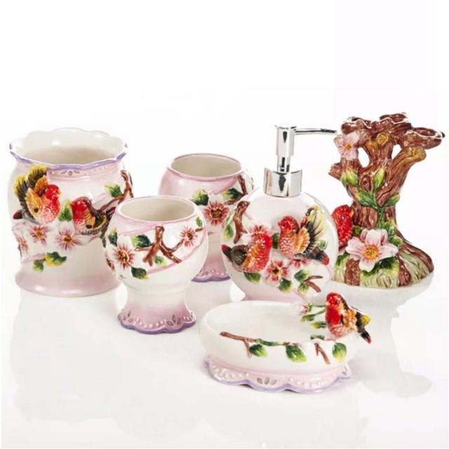 バスルームセット 5点セット ソープディスペンサー 歯ブラシスタンド 石鹸置き コップ 洗面所 収納 ．