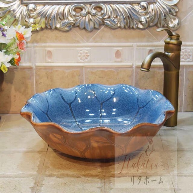 高級洗面台 洗面ボウルセット ．洗面ボール 陶器 手水鉢 蛇口 排水金具付き