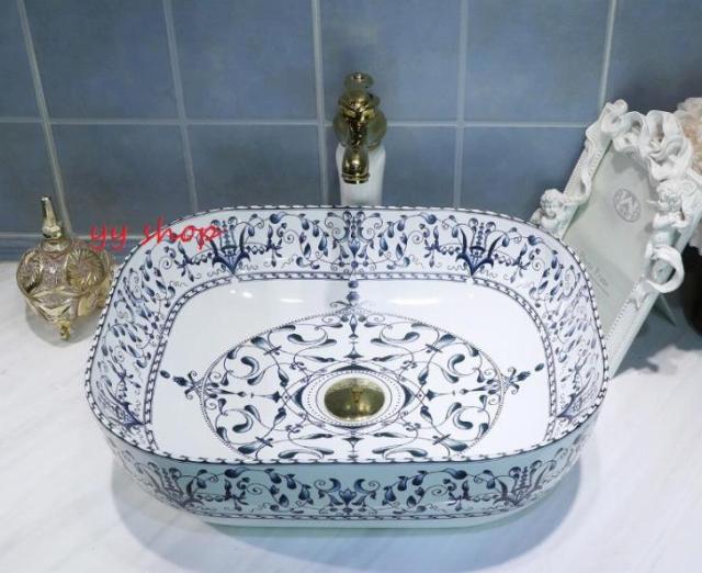 0121F21豪華洗面ボウルセット陶器洗面台 トイレ 手水鉢 手洗器 手洗い鉢 洗面器 蛇口 排水金具付き