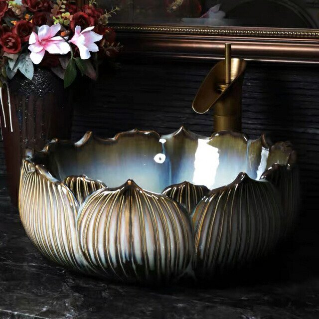 ハス洗面ボウルセット洗面ボール 陶器 手水鉢 手洗い鉢 洗面器 蛇口 排水金具付の通販は