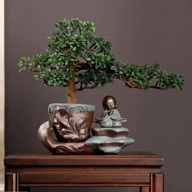 再入荷 インテリアグリーン 高級模造迎客松盆栽 置物 禅意迎客松