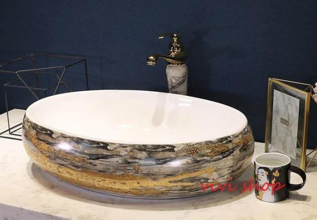 0121F159-1豪華洗面ボウルセット陶器洗面台 トイレ 手水鉢 手洗器 手洗い鉢 洗面器 蛇口 排水金具付き