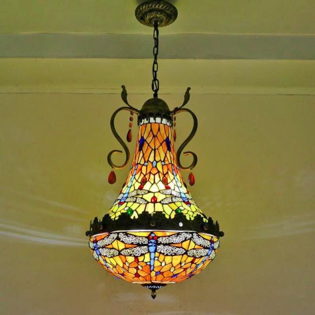 ステンドグラス ペンダントライト 豪華天井照明ステンドグラスランプ ．ガラス工芸品 40cm 電源直結タイプ
