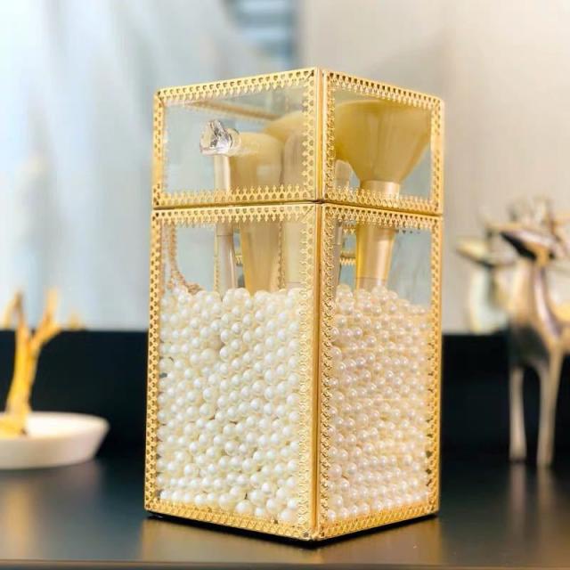 化粧筆さし 化粧筆入れ ペン入れ オシャレ ペン立て パール付き ガラスケース フタ付き