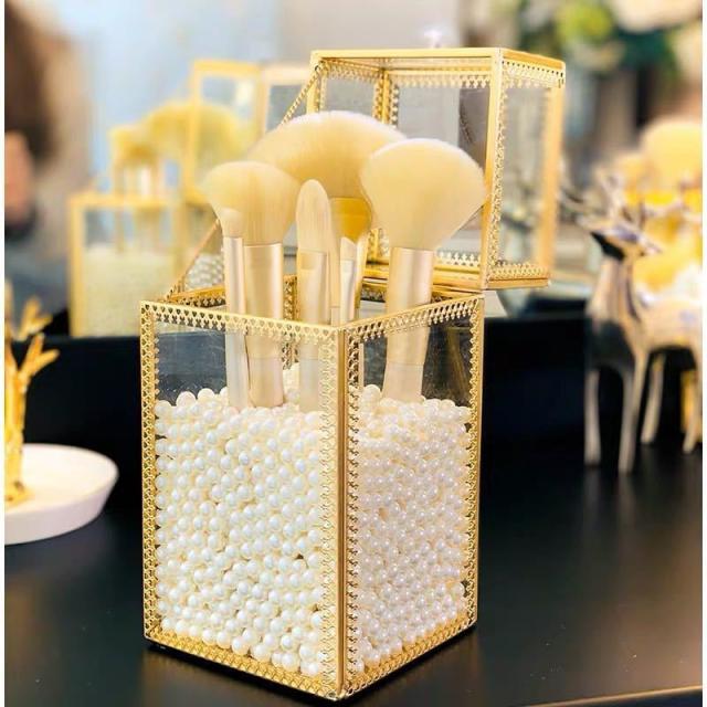 化粧筆さし 化粧筆入れ ペン入れ オシャレ ペン立て パール付き ガラスケース フタ付き 化粧筆さし 化粧筆入れ ペン入れ オシャレ ペン立て パール付き ガラス