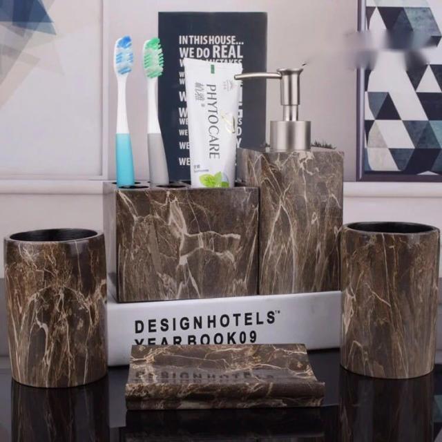 バスルームセット 5点セット ソープディスペンサー 歯ブラシスタンド 石鹸置き コップ 洗面所 収納．