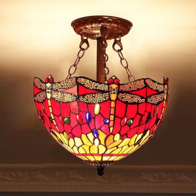 ステンドグラス．ペンダントライト．豪華天井照明ステンドグラスランプ ガラス工芸品 電源直結タイプ