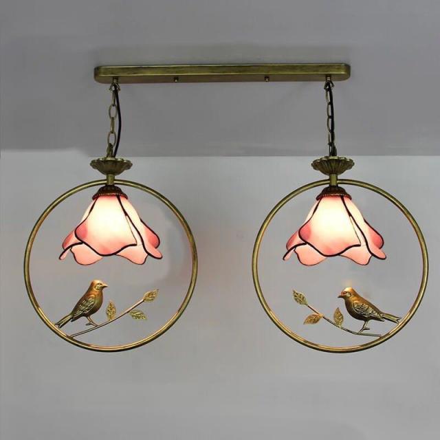 ステンドグラス．ペンダントライト豪華天井照明ステンドグラスランプ ガラス工芸品 2灯 電源直結タイプ