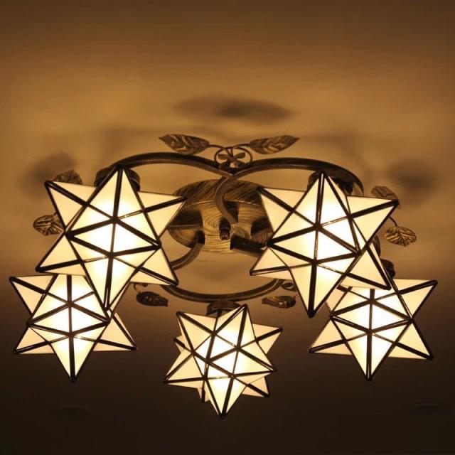 ステンドグラス．ペンダントライト 豪華天井照明ステンドグラスランプ ガラス工芸品 星柄． 電源直結タイプの通販は