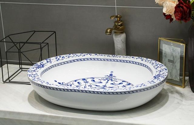 1220F141-1豪華洗面ボウルセット陶器洗面台 トイレ 手水鉢 手洗器 手洗い鉢 洗面器 蛇口 排水金具付き