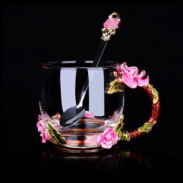 ガラス製 花柄ティーカップ 2点セット コーヒーカップ