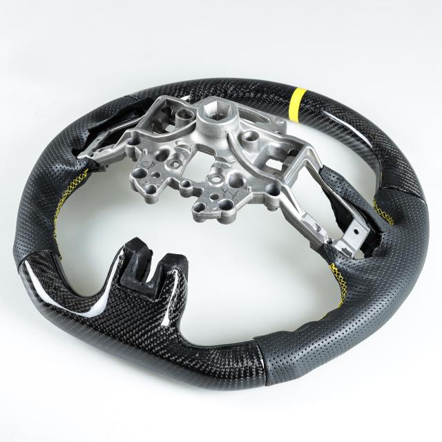 フォード マスタング エコブースト 5.0GT用 2015-2017 D型 ステアリング ハンドル カーボン×本革パンチングレザー×イエロー輪デザイン
