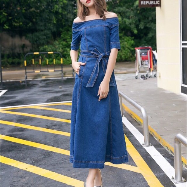 冬新作 オフショルダー デニム ロング ワンピース マキシ丈 ハイウエスト ウエストリボン フレア Aライン 体型カバーの通販はau Pay マーケット Manajily