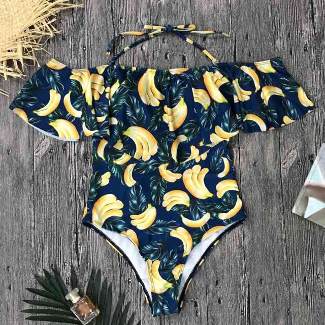 レトロプリント オフショルダー フリル ワンピース水着 レディース 体型カバー バナナ柄 大人可愛い トロピカルの通販はau Pay マーケット Manajily